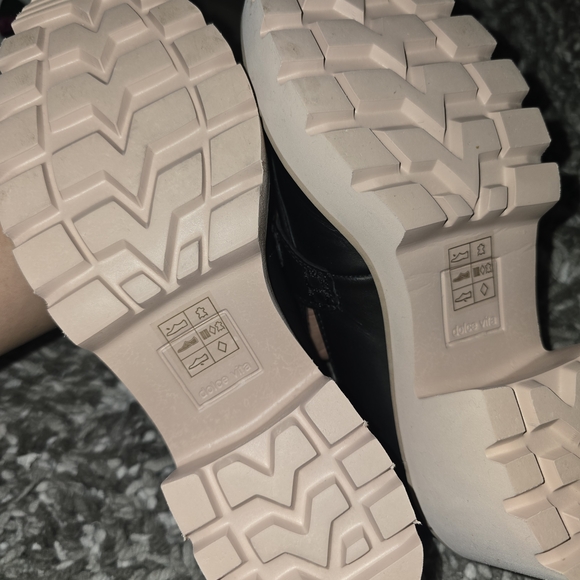 Dolce Vita Black Leather Loafers with Cream Lug Platform - Picture 3 of 5